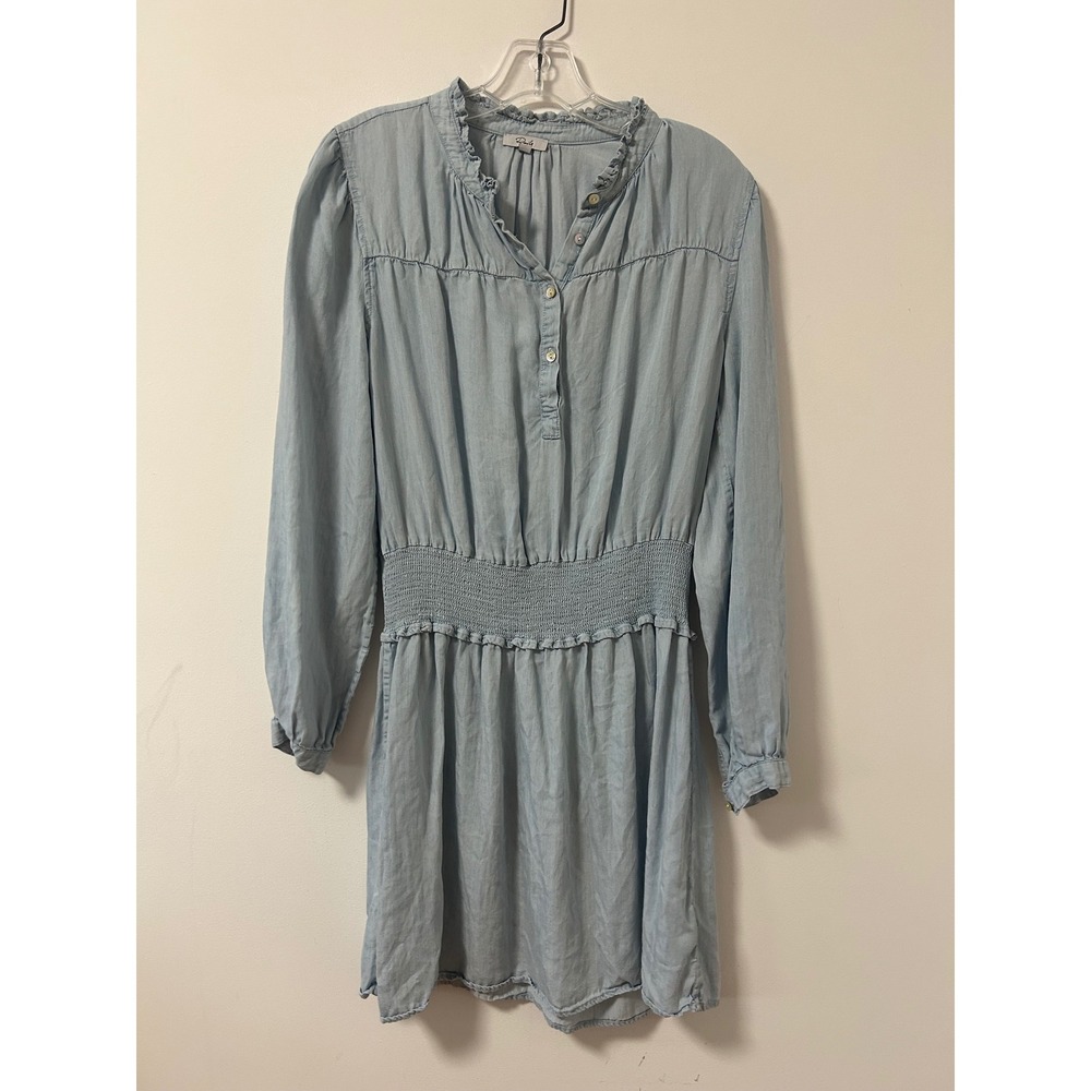 Rails Shawna Light Vintage Denim Chambray Dress Ruffle Neck Smocked‎ Waist M